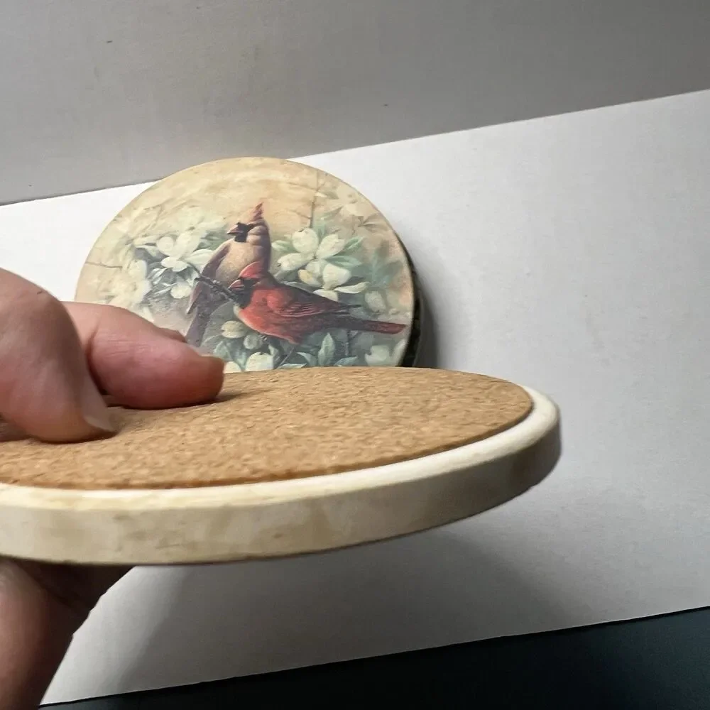 Vintage T.C. Chiu Red Cardinal Bird Coaster Set with Wooden Storage Holder MCM